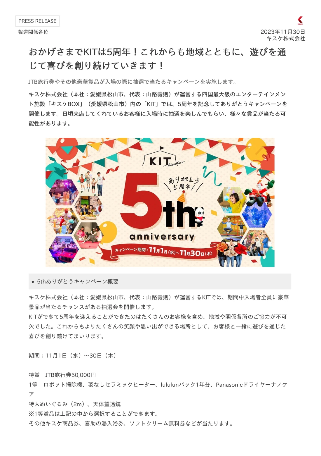 キスケ株式会社（本社：愛媛県松山市、代表：山路義則）が運営する四国最大級のエンターテインメント施設「キスケBOX」（愛媛県松山市）内の「KIT」では、5周年を記念してありがとうキャンペーンを開催します。日頃来店してくれているお客様に入場時に抽選を楽しんでもらい、様々な賞品が当たる可能性があります。 